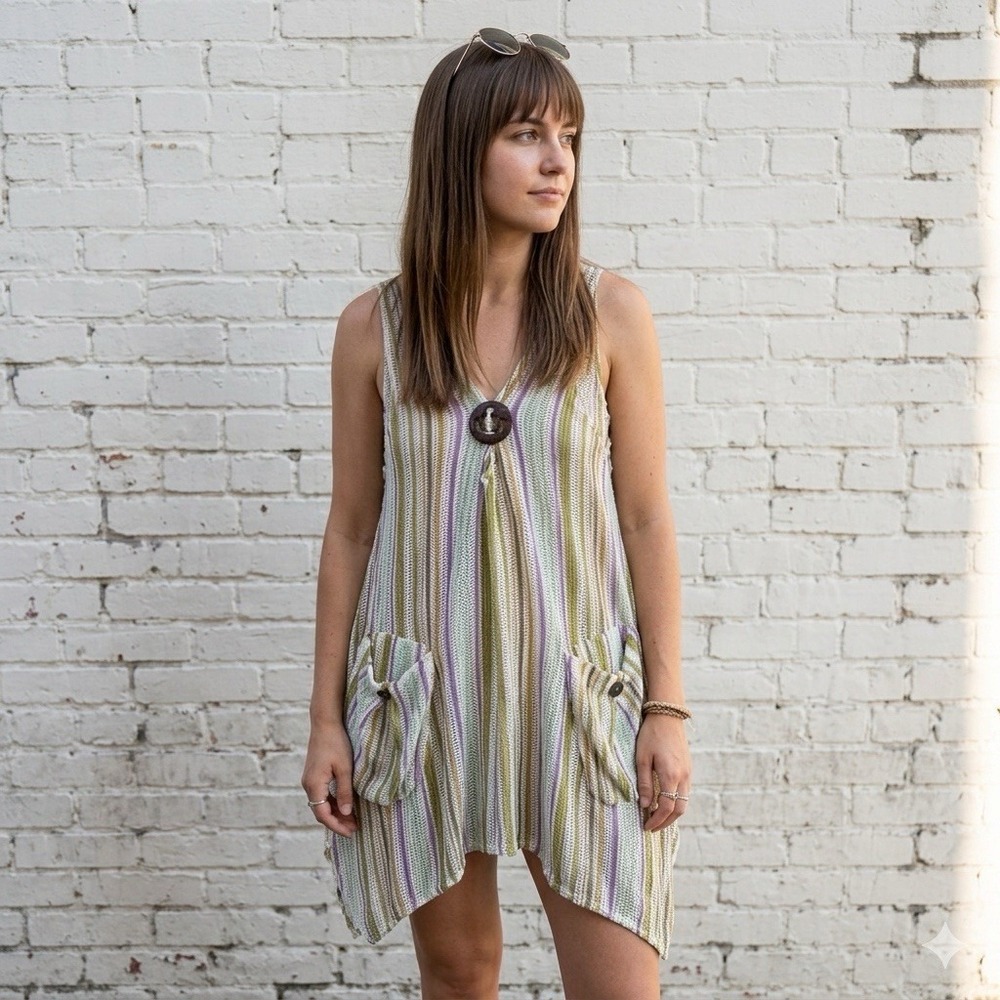 Paradise USA VTG Striped Sheer Coverup Vest Dress‎ Boho Lagenlook XL/XXL